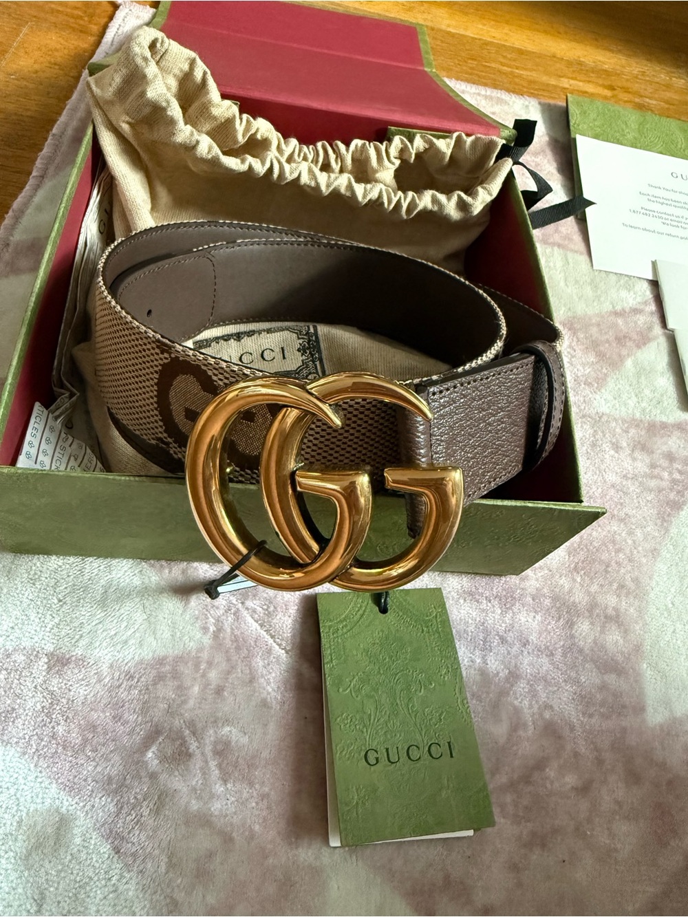 Gucci Brown GG Canvas Belt with Gold Double G Buckle
